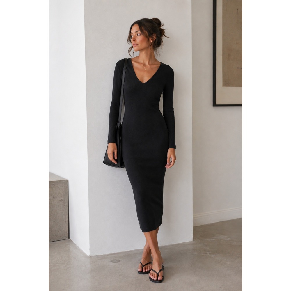 Aritzia Wilfred Free Lisiere Dress XS Black Knit Bodycon Midi Minimalist Chic